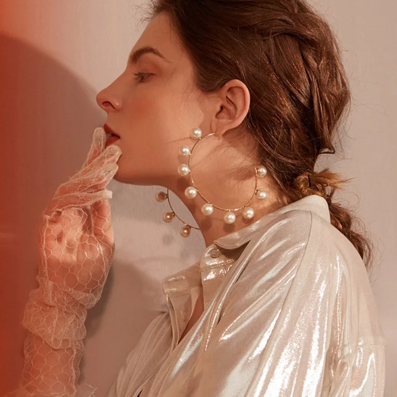 Модные круглые большие серьги с искусственным жемчугом золотые металлические