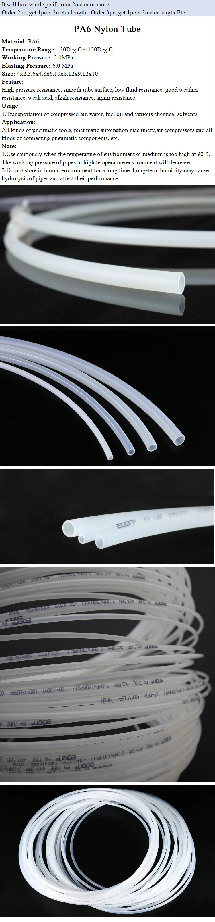 PA6 Nylon Tube OD 8mm x 6mm ID Oil Pipe High Pneumatic Parts Pressure 2.0MPa Air Compressor Water Hose Hard Translucent Black