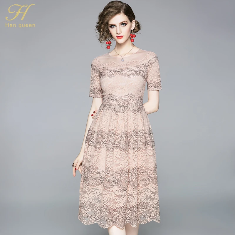 pink H Han queen, женские кружевные платья, сексуальные, прозрачные, с петельками, в сеточку, в стиле пэчворк, для вечеринки, Vestidos, ТРАПЕЦИЕВИДНОЕ, миди платье - Color: pink