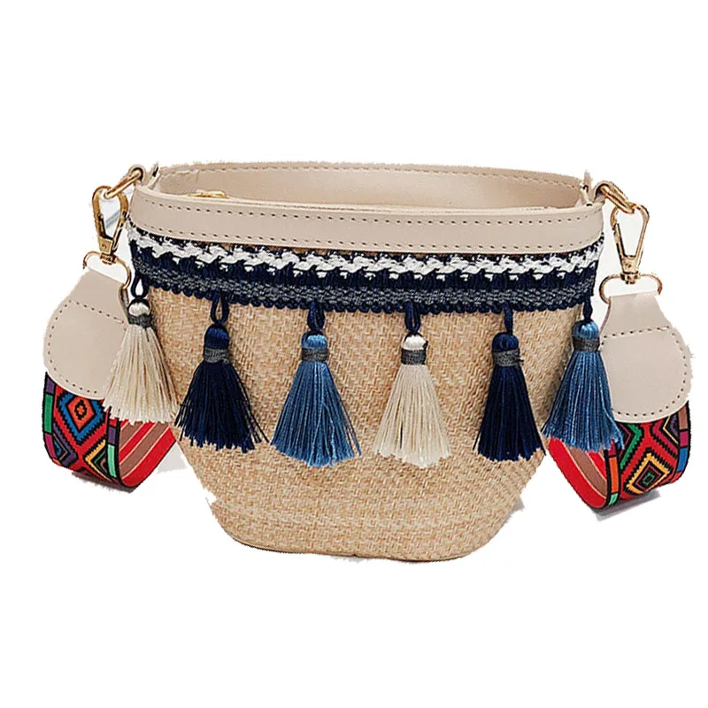 

Ethnic style Straw bag fashion women shoulder knitting bags 2019 tassel crossbody bucket handbags