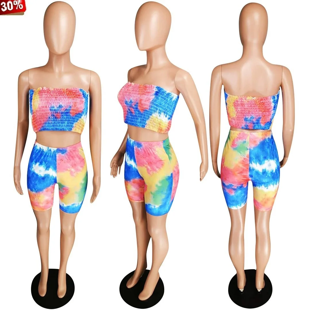 Two Piece Set Sport Tracksuit 2 Pink Sets Women Summer Tie Dye Galaxy Print Strapless Crop Top Short Pants Suti Outfit | Женская одежда