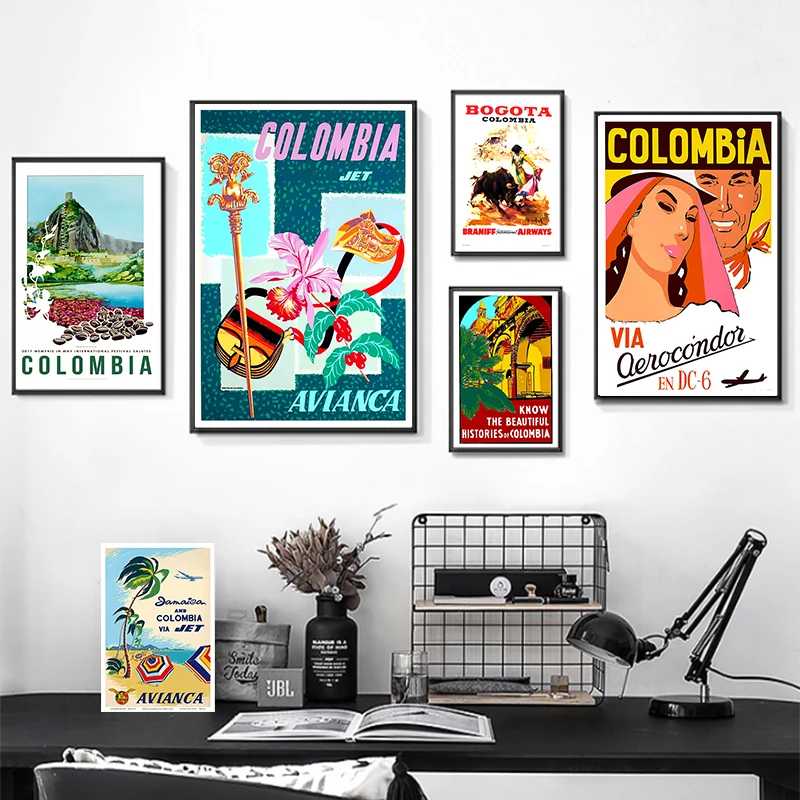 Ретро путешествия в Колумбию тропический пляж холст картины старинные стены