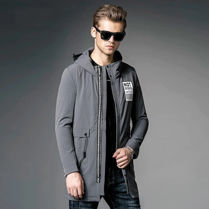 2019 осень весна мужская Длинная ветровка с капюшоном на молнии повседневная