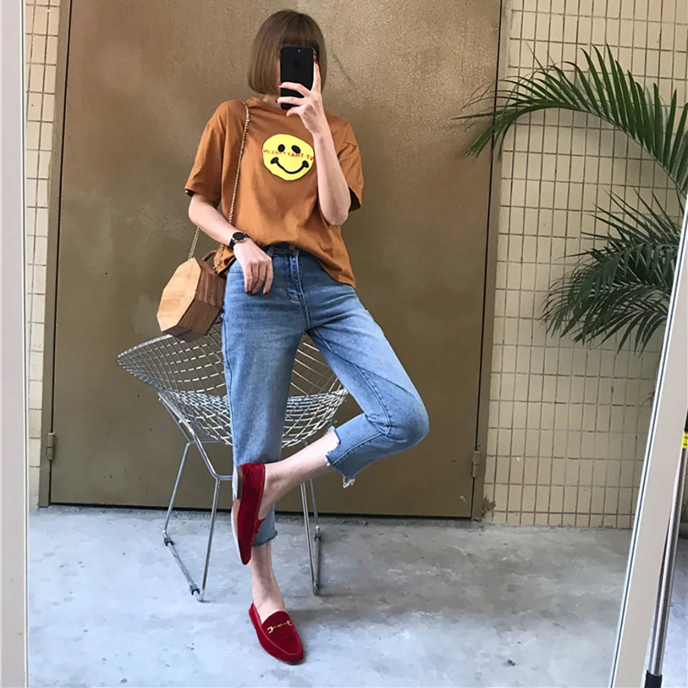 2018 Summer Women Sleeveless Smiley Face Letter Printed O-neck Casual Simple T shirt Female Tees Cotton Elegant Ladies Tops | Женская