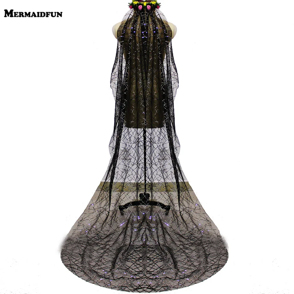 

Real Photos Black Sparkling Sequins Wedding Veil One Layer Chapel Length Bridal Veil with Comb Voile de Mariee