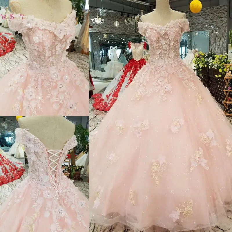 Розовые платья Quinceanera Цветы Кружева Аппликации бальное платье с блестками с открытыми плечами с короткими рукавами день рождения платья принцессы