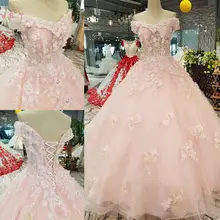 Розовые платья Quinceanera Цветы Кружева Аппликации бальное платье с блестками с открытыми плечами с короткими рукавами день рождения платья принцессы