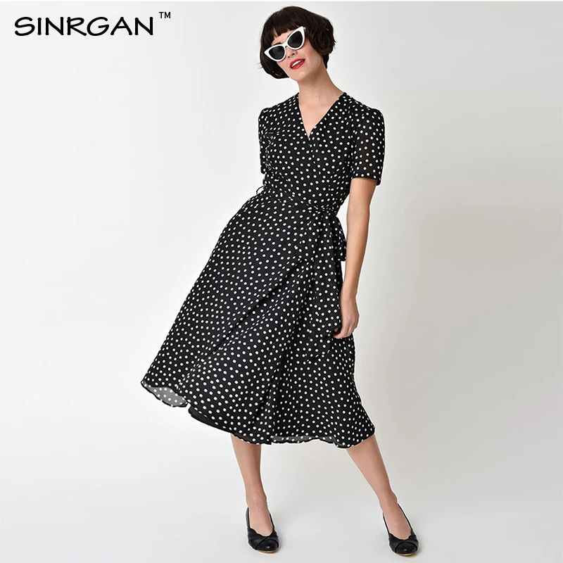 SINRGAN черный горошек печати зимнее платье vestidos v образным вырезом винтаж line роба