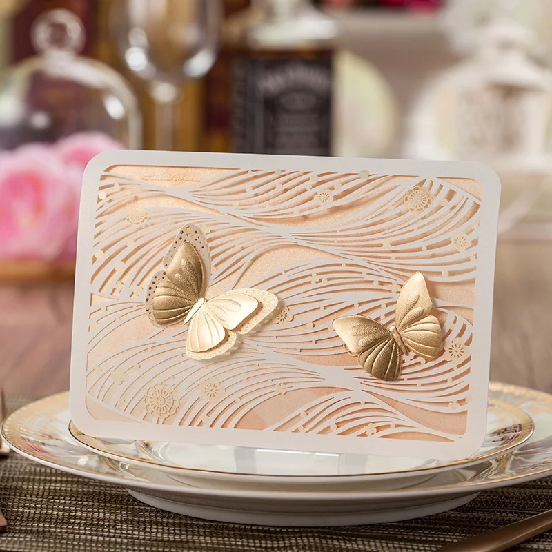 Лазерная резка золота Цвет Свадебное приглашение с Золотой 3D бабочка | Дом и сад