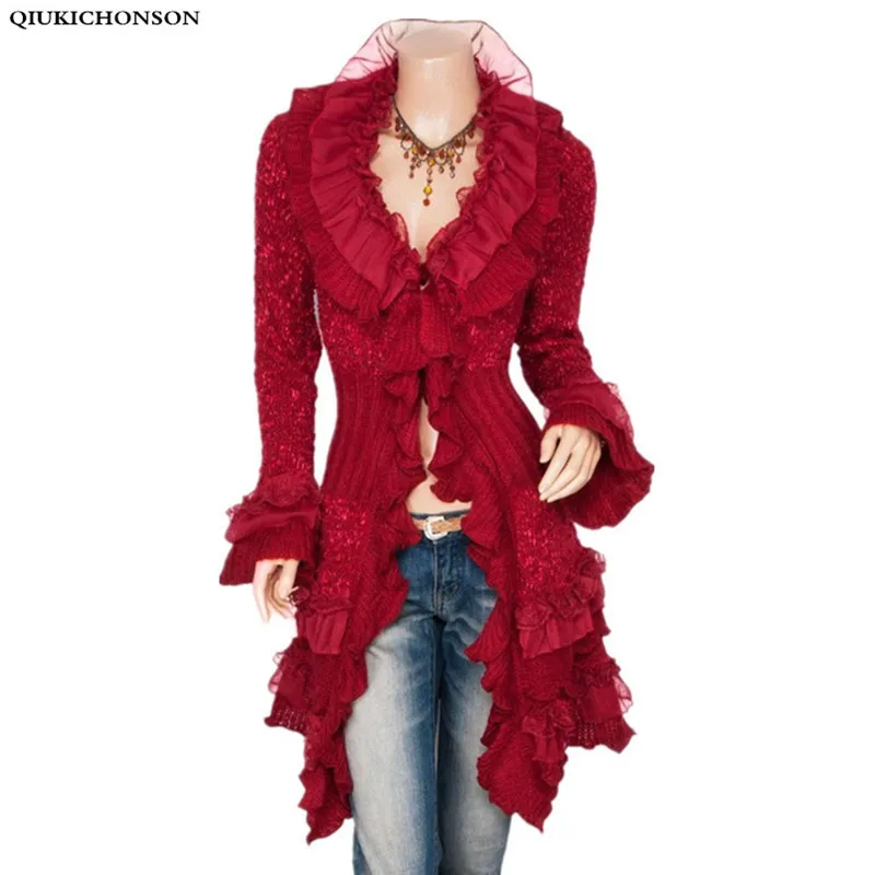 Ruffles sweater cardigan women knitted long autumn lace spliced vintage ladies cute ruffled collar butterfly Sleeve |
