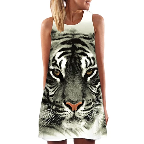 Женское летнее мини платье без рукавов с принтом головы тигра и круглым вырезом|loose dress|women summerdress dress |