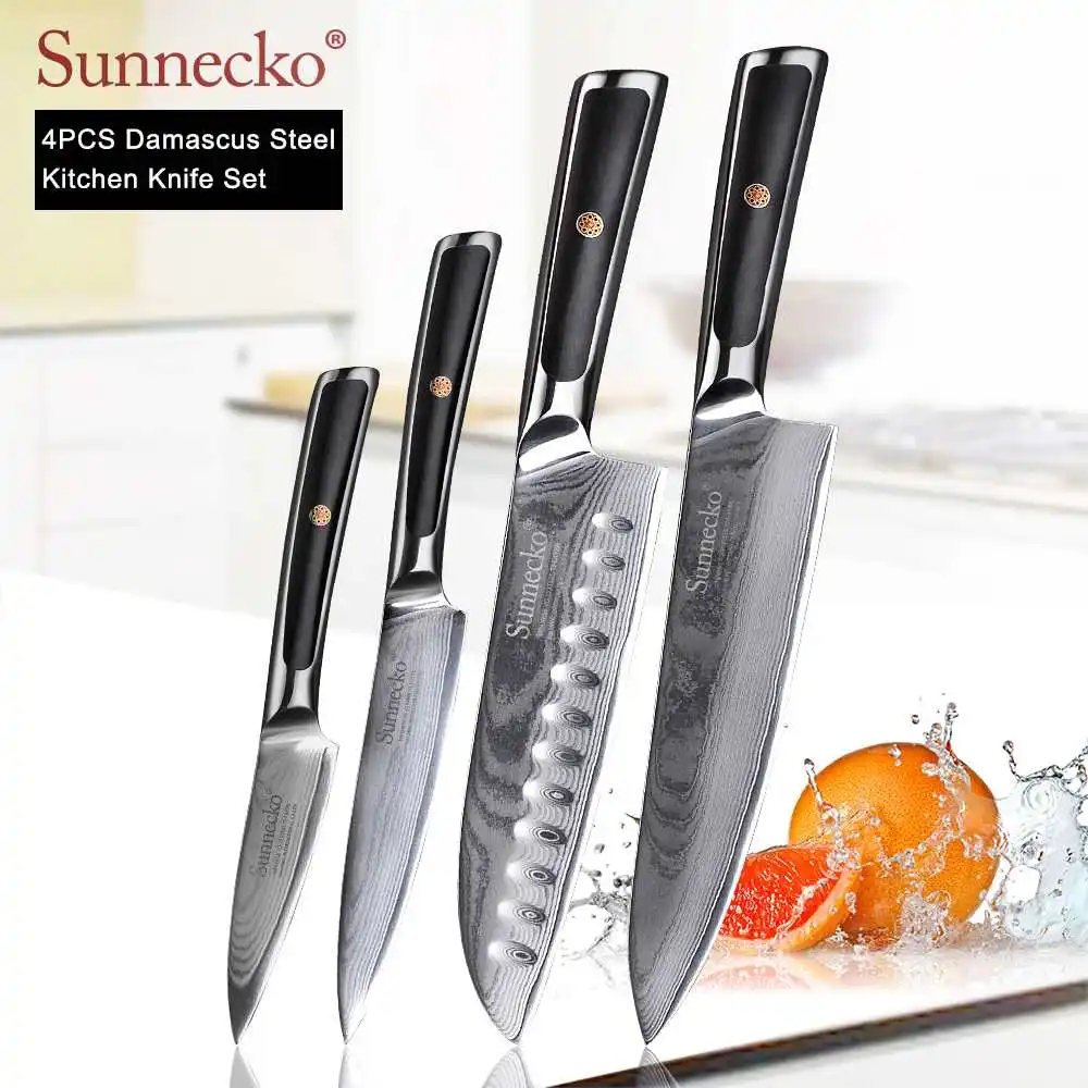 4pcs Set B SUNNECKO дамасский нож шеф-повара для очистки хлеба Santoku нож для стейка японский VG10 Сталь G10 ручка для резки мяса набор кухонных ножей - Цвет: 4pcs Set B