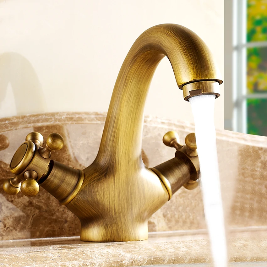 

Soild Brass Double Handle Control Antique Faucet Kitchen Bathroom Basin Mixer Tap Hot Cold Bath Mixer Water Tap