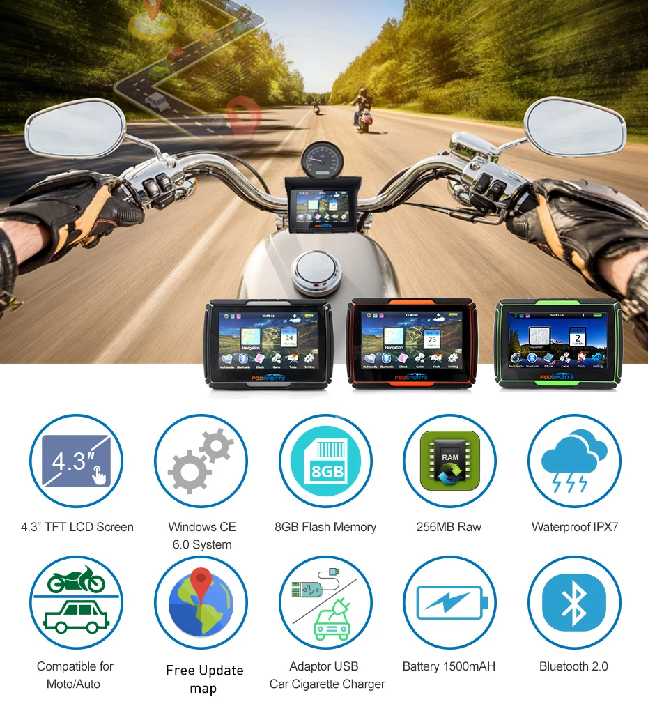 Fodsports 4,3 дюймов Автомобильный навигатор HD Bluetooth gps 8 Гб 256 Мб Водонепроницаемый IPX7 анти шок мотоцикл gps навигация бесплатные карты