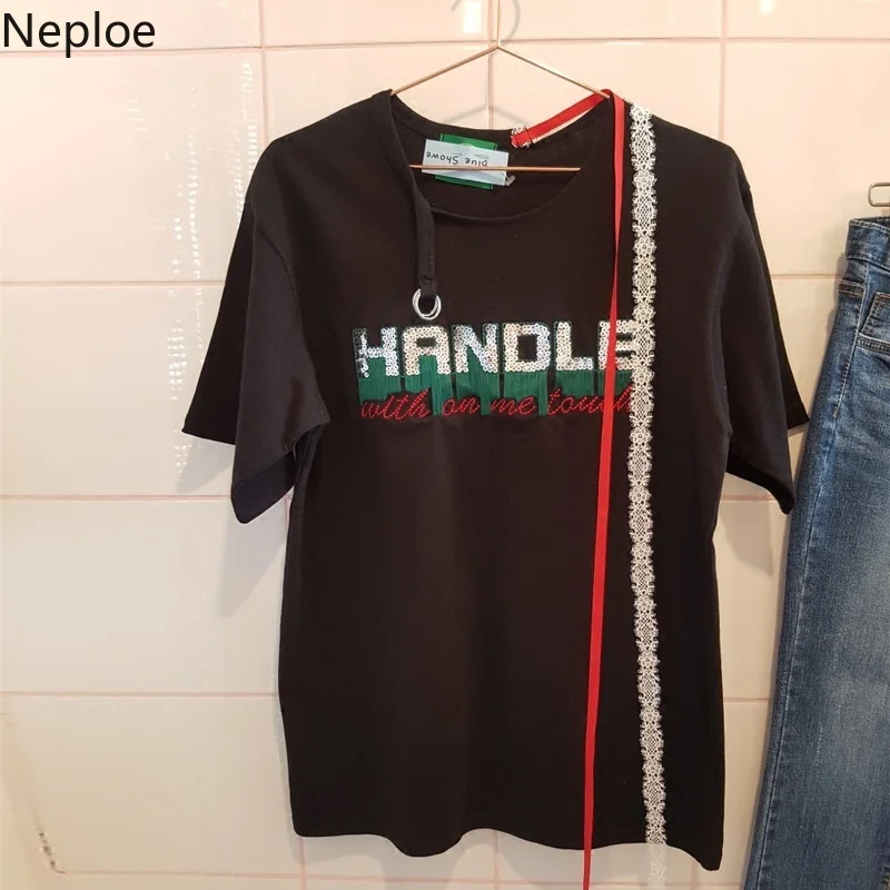 Женские кружевные топы с кисточками Neploe корейские свободные футболки круглым