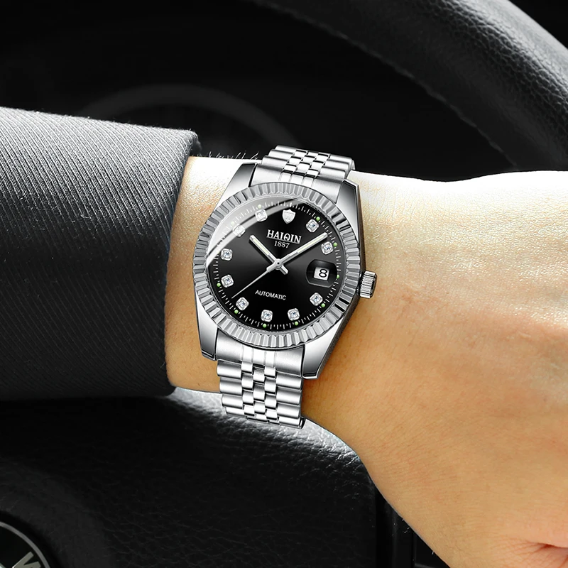 

HAIQIN New Automatic Mechanical Watch Waterproof Genuine Stainless Steel Watch Men Luminous Dial Wristwatch Mens Calendar Clock