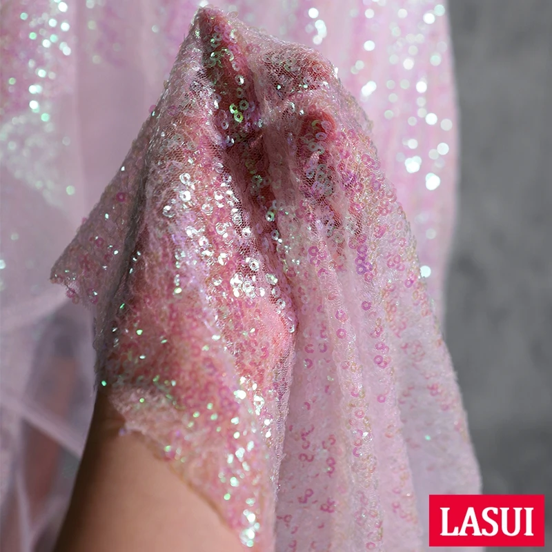 LASUI 1 ярд = 1 шт W0127 дизайнерская ткань мода для шитья градиент розовый маленький круглый рыбья чешуя сетчатые кружева с блестками ткань