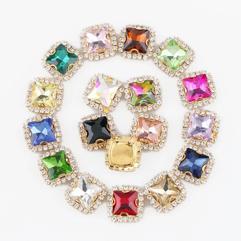 10 мм квадратная Золотая основа для шитья с красочным стеклянным камнем