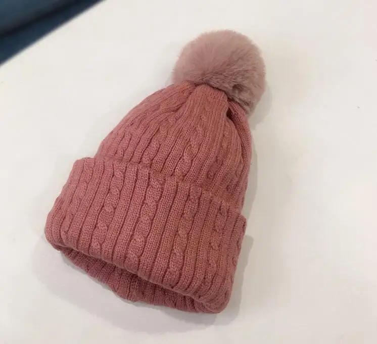 Pink twist Детская шапка с воротником, двухслойная теплая вязаная шапка с меховым воротником, корейский шерстяной шарф, зимние теплые шапки - Цвет: Pink twist