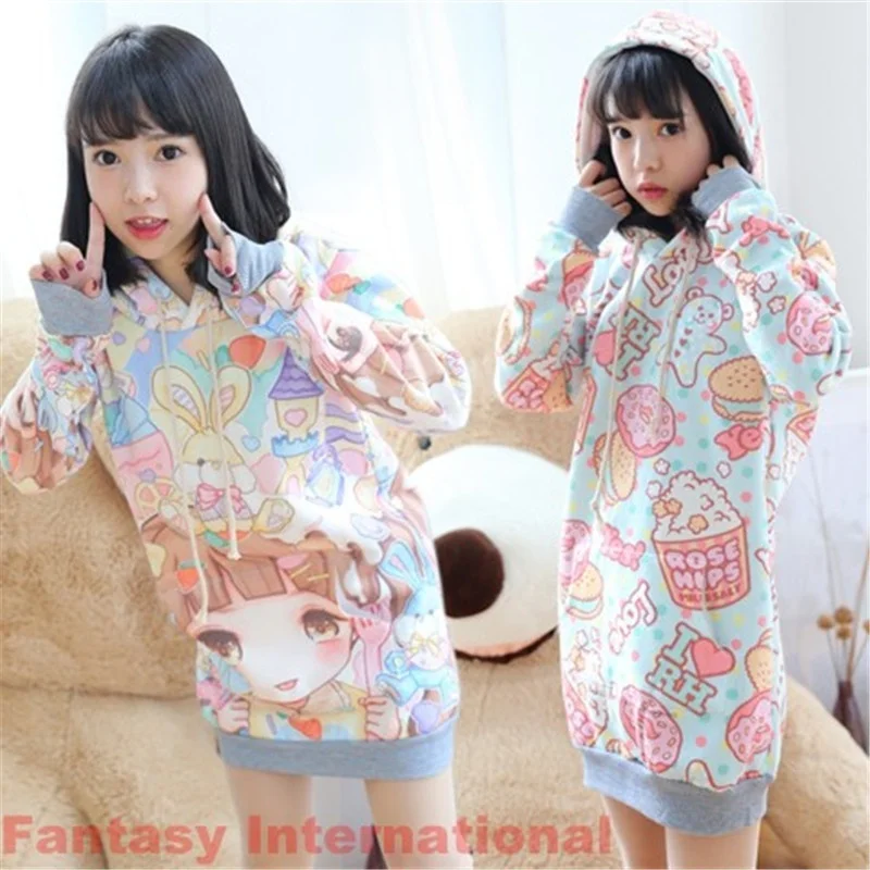 2021 Милая Женская Лолита макарон кавайная свободная толстовка с капюшоном свитер