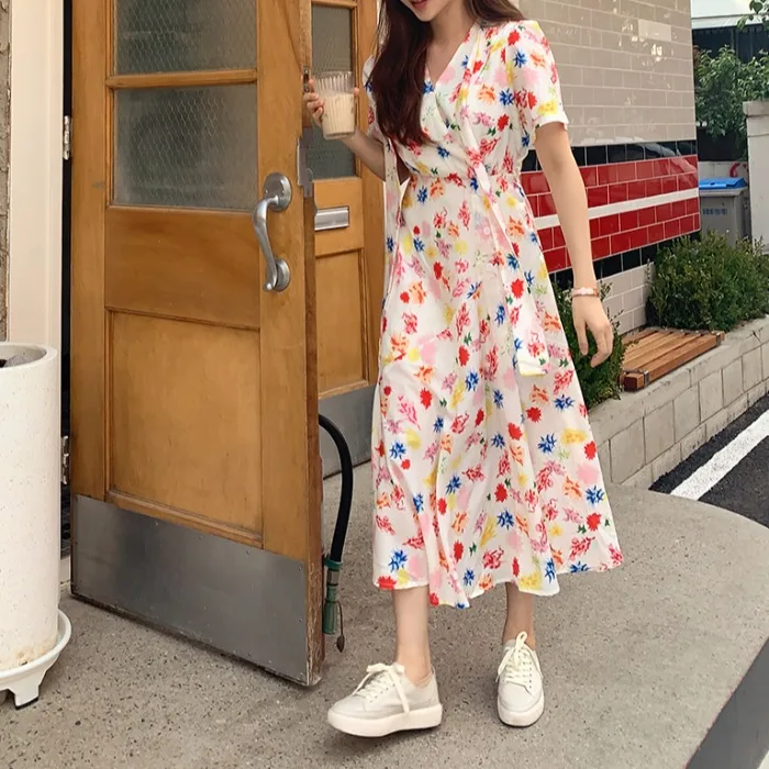 Женское винтажное платье с коротким рукавом милое А-силуэта в корейском и