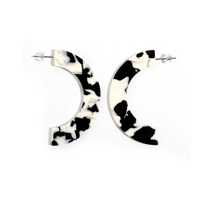 New Trendy pendientes Balck and White C Shape Hoop Earrings For Women Flat Semicircle Acetate Board Acrylic Jewelry | Украшения и