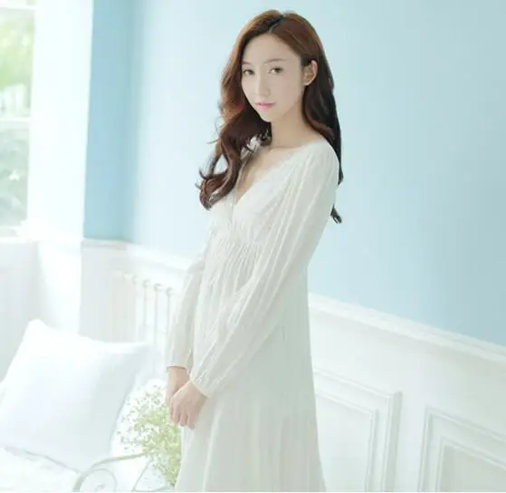 Женская ночная рубашка с длинным рукавом Повседневная белая хлопковая v-образным