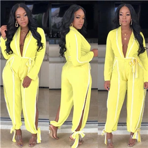 yellow jumpsuit Adogirl White Trim Patchwork Women Jumpsuit Sexy Deep V Neck Long Sleeve Romper Side Slit Bow Tie Loose Pants Casual Overalls - Цвет: yellow jumpsuit