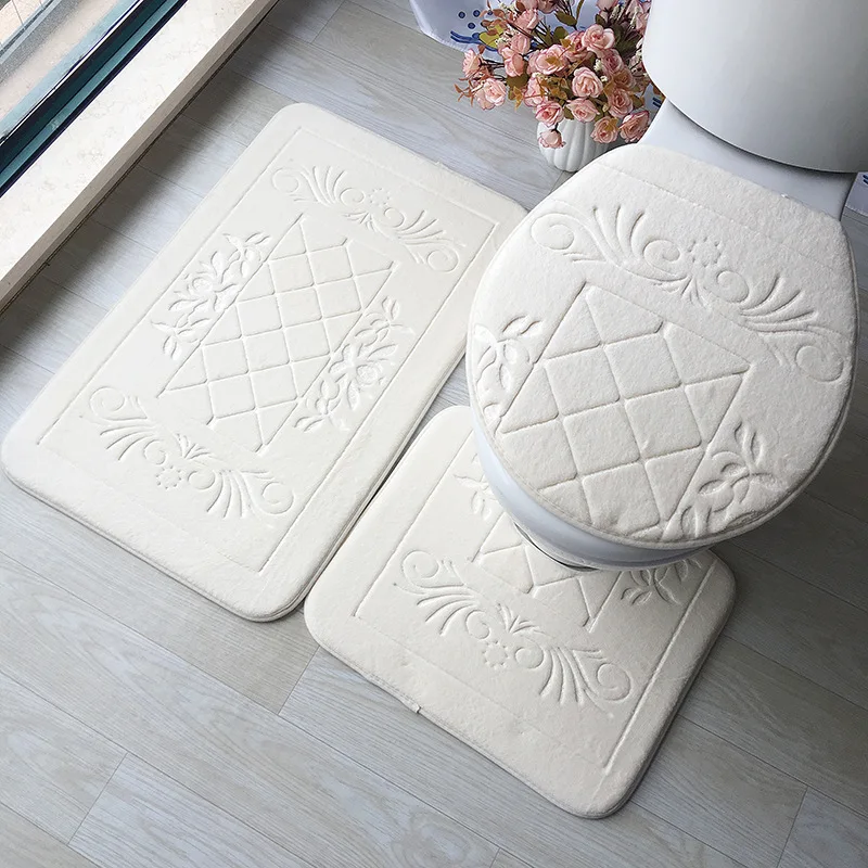 Three Pieces Embossed Flannel Bathroom Mat Set Water Absorbent U-shape Bathtub Toilet Mats Carpets Rugs Seat Lid Cover | Дом и сад