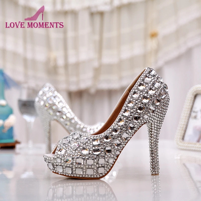 

Elegant Silver Color Peep Toe Party Prom Women High Heels 5 Inches Bridal Wedding Shoes Silver Rhinestone Crystal Handmake Shoes