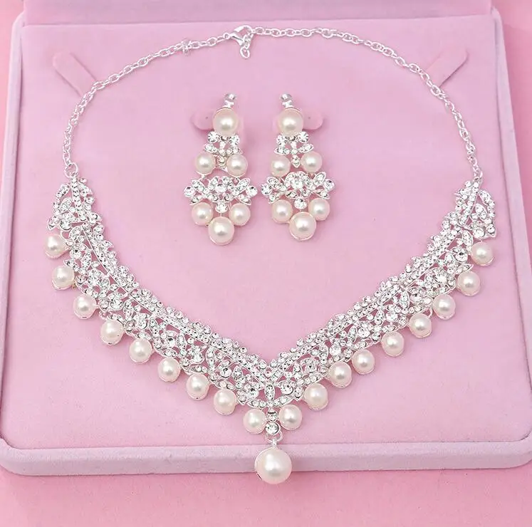 2PCS Set KMVEXO Свадебный комплект ювелирных изделий с драгоценными камнями ожерелье серьги Корона набор Свадебные обручальные комплекты украшений для женщин Диадемы Ювелирные изделия для волос - Окраска металла: 2PCS Set