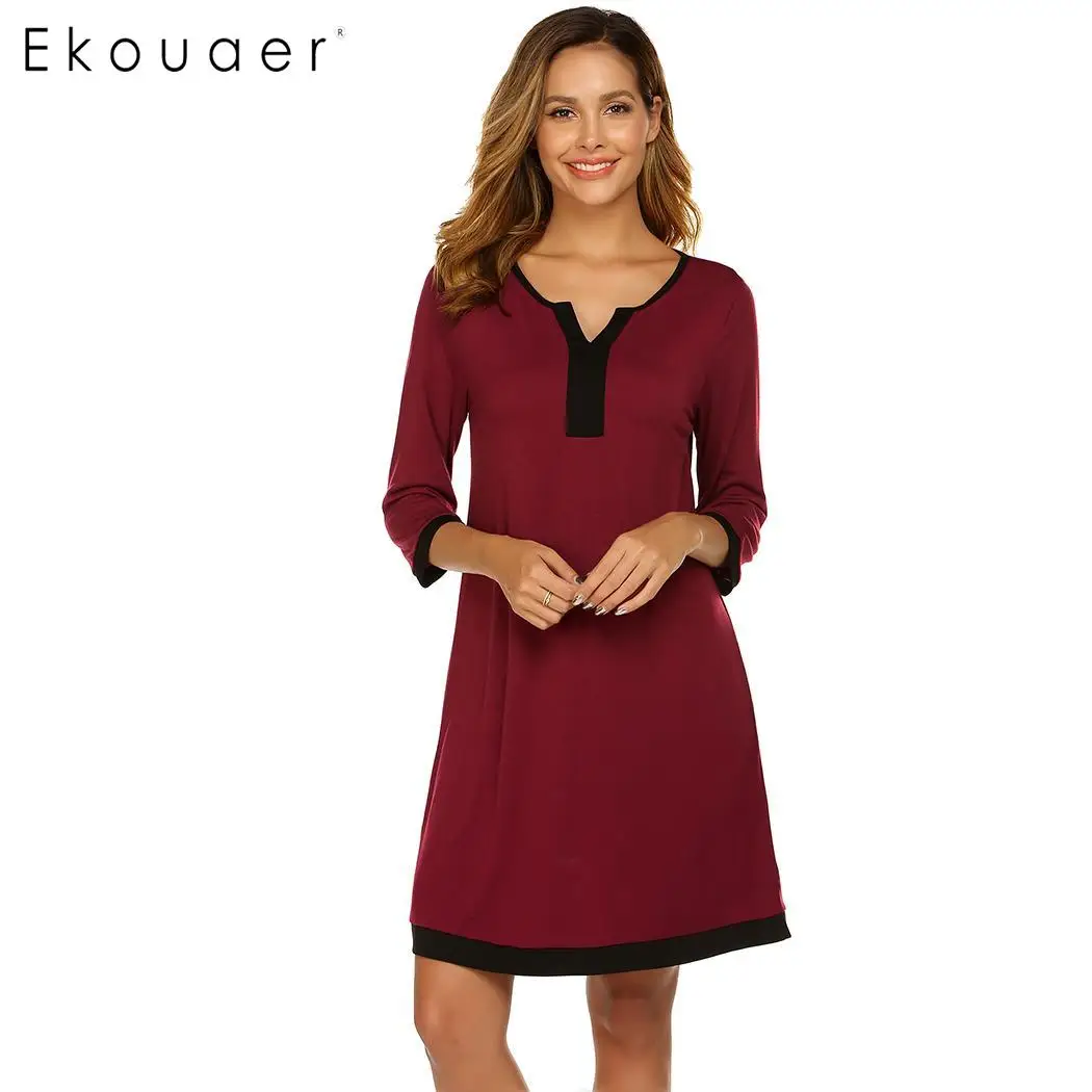 Wine Red Ekouaer, Женская свободная ночная рубашка, летние Ночные рубашки с v-образным вырезом, пэчворк, ночная рубашка, женская одежда для отдыха - Цвет: Wine Red