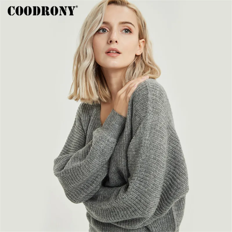 COODRONY женский свитер Осень Зима Новое поступление свободные и удобные свитера рукав летучая мышь Глубокий v-образный вырез пуловер женский - Цвет: Серый