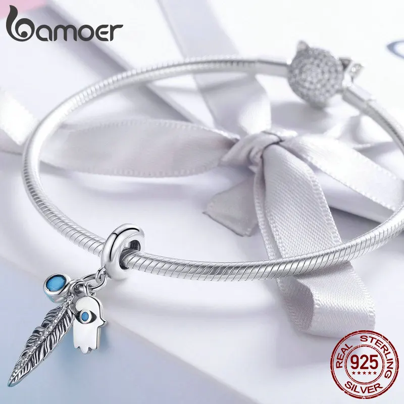 BAMOER, настоящее 925 пробы, серебро, богемное перо и Хамса, ручной кулон с голубыми глазами, очаровательный браслет, сделай сам, ювелирное изделие SCC880
