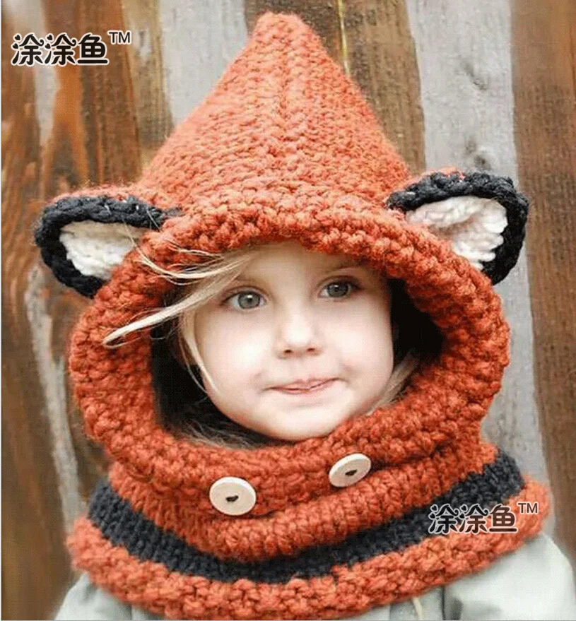 

2015 Autumn Winter Fox Animal Baby Hats Caps Kids Girls Boys Warm Woolen Knitted Coif Hood Scarf Caps Hats Drop shipping