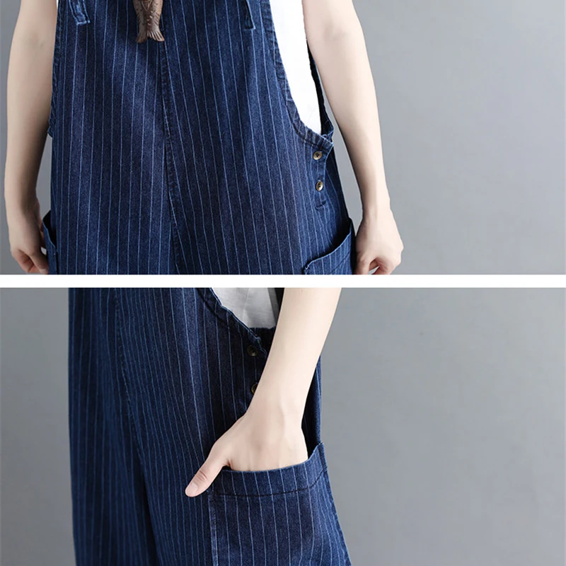 

2019 Summer Womens Jumpsuits 2019 Wide Leg Overalls Denim Striped Dungarees Loose Rompers Sleeveless Strap Jeans Large Size R550