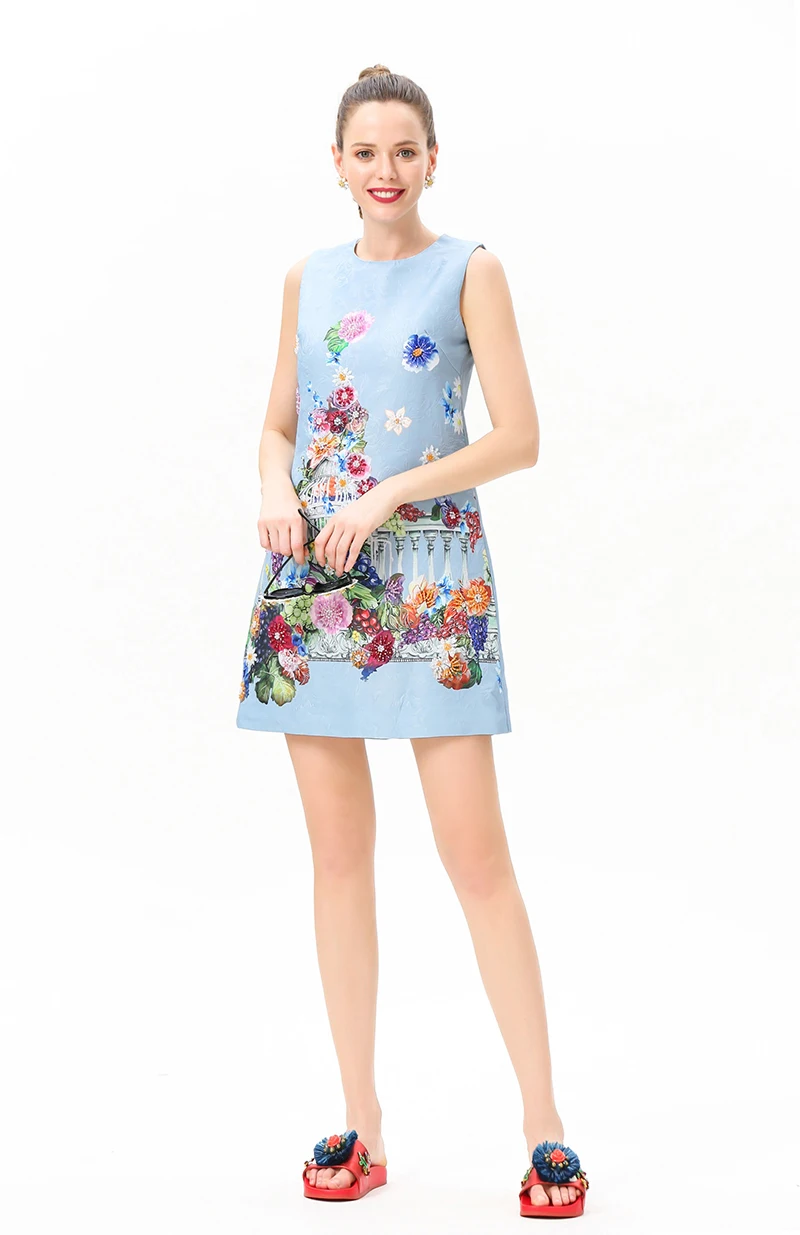 

MIUXIMAO High Quality 2019 Summer Dress Newest Europe Fashion Floral Print Diamonds Knee-Length Blue Casual Dress Women vestido