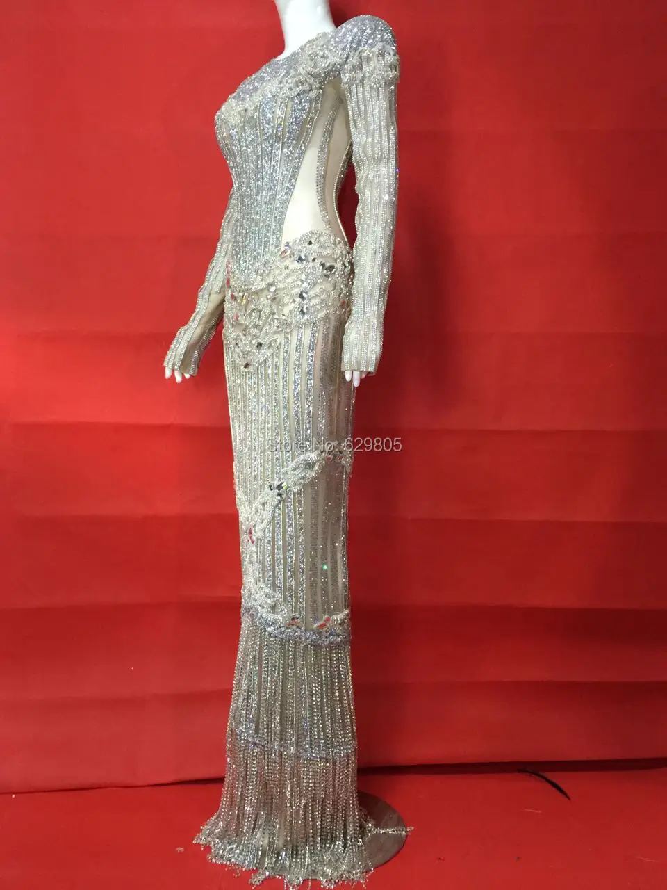 Luxury Glisten Silver Rhinestones Dress Flashing Sexy Stage Wear Long Dresses Full Crystals Costume Celebrate Outfit Dresses