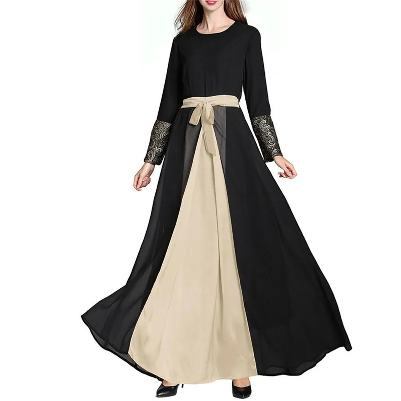 

2019 Women Muslim Dress Chiffon Embroidery Contrast Color Abaya Maxi Gown Belt Dubai Robe long Dresses a1169