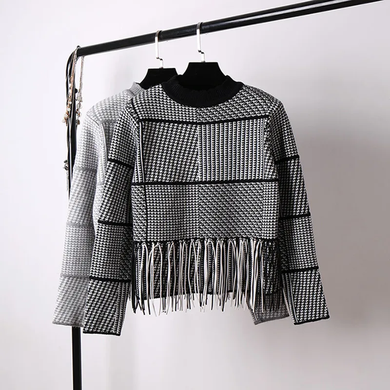 Houndstooth batwing sweater women 2018 autumn winter pullover feminino vintage korean fashion tassel knitted plaid thick | Женская