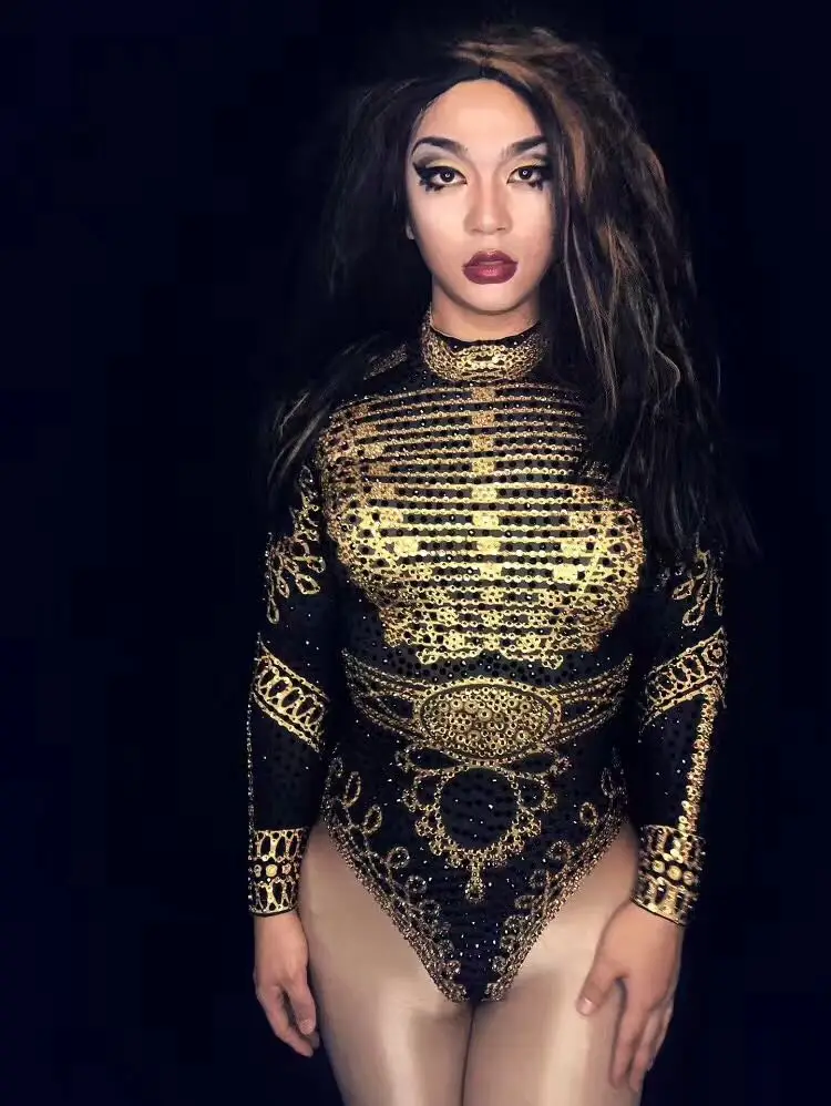 2020 черные и Золотые кристаллы сексуальный костюм боди певец рок для выступлений