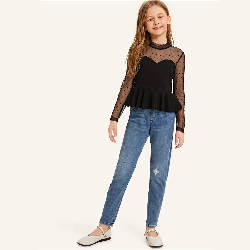 SHEIN/Детские топы в горошек с воротником-стойкой и сеткой с баской для девочек; коллекция года; летние облегающие блузки с длинными рукавами для девочек