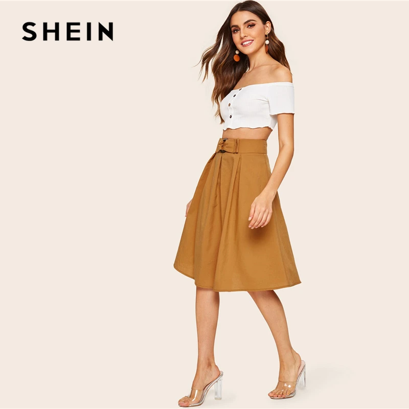 SHEIN плиссированная юбка с пряжкой и поясом, винтажная расклешенная Женская юбка с высокой талией,, однотонное кольцо с молнией, весенняя, летняя, осенняя юбка