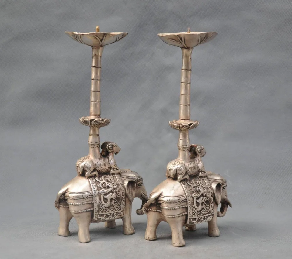 China Tibet Silver Bronze pair elephant candle stick Bronze Statue