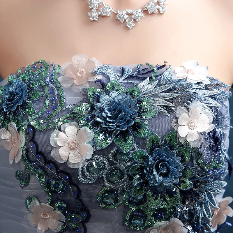 Vestido de festa, платье для выпускного вечера размера плюс, серого и синего цвета, кружевные аппликации, цветы, вышивка, без бретелек, без рукавов, вечерние платья