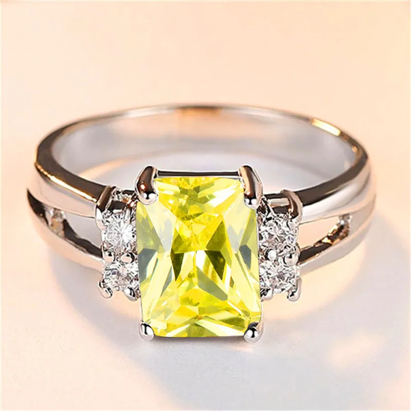 Apple Green Корейский стиль мужской женский Перидот квадратное кольцо Мода Серебряный цвет свадебные ювелирные кристаллы обещания обручальные кольца для женщин - Цвет основного камня: Apple Green