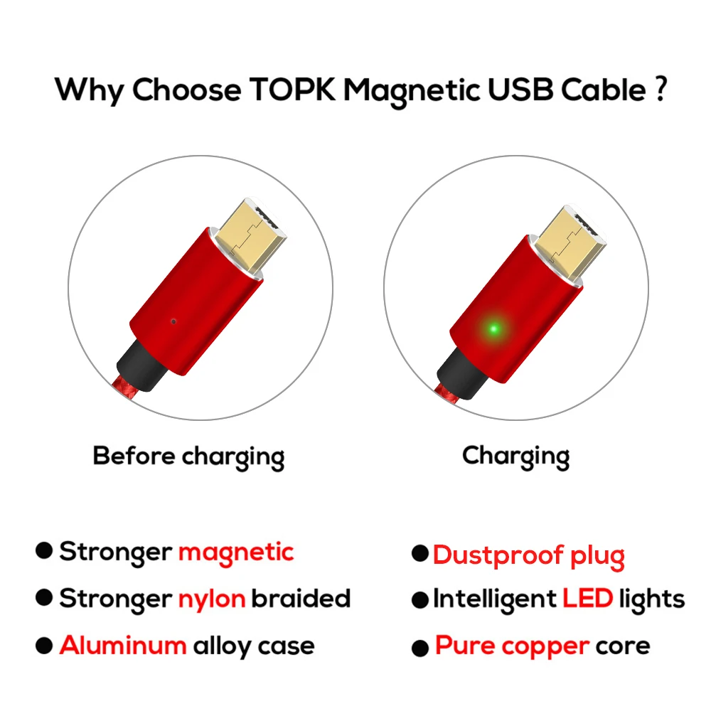 TOPK F-Mini1 Магнитный кабель usb Тип C и Micro USB нейлоновый светодиодный Плетеный