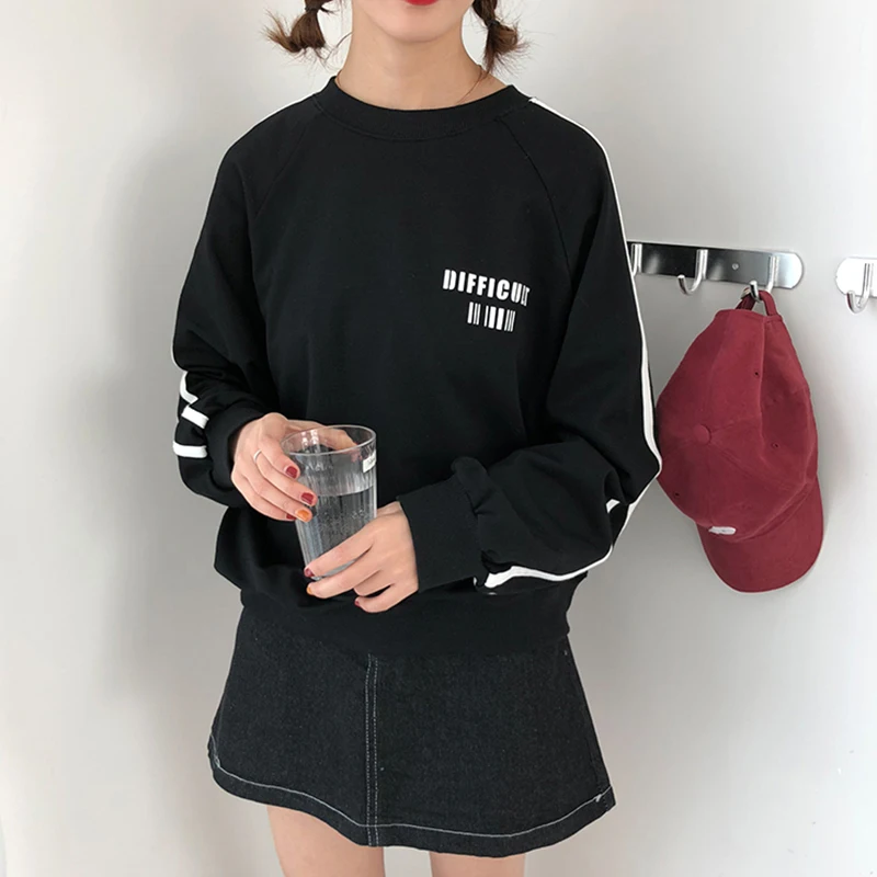 Spring Korean chic Harajuku Wind Bar Stripe woman sweatershirt Student Loose Thin Long Sleeve couple Tops | Женская одежда