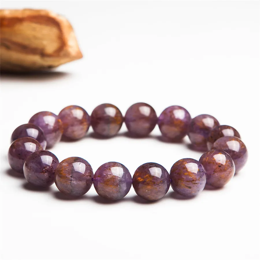 

13mm Natural Purple Gold Titanium Cacoxenite Rutilated Quartz Crystal Round Clear Beads Jewelry Stretch Charm Bracelet Femme
