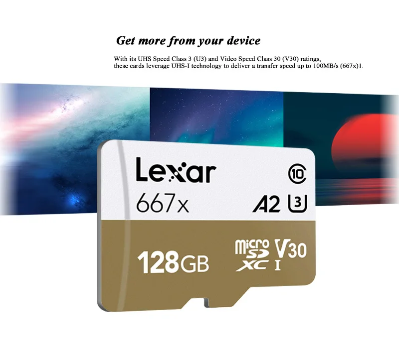 Lexar Professional 667x Micro SD карта 128 ГБ A2 100 МБ/с./с класс 10 карта памяти V30 UHS-I U3 для 1080p Full-HD 3D 4K видео